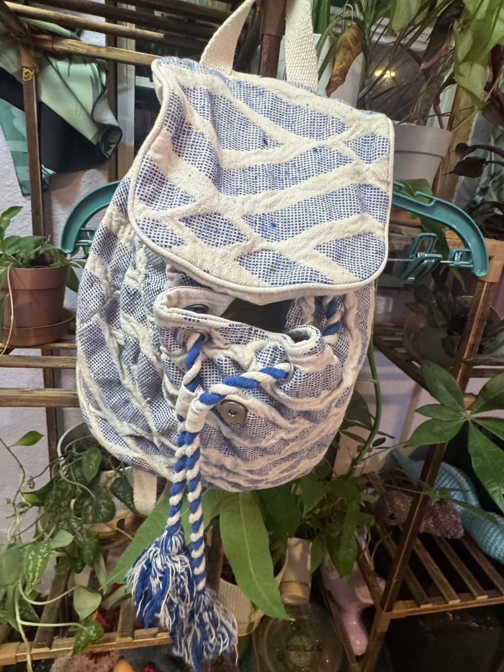 Canvas Rope Drawstring Backpack - Blue and White